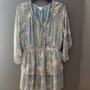 LC Lauren Conrad Floral Mini Dress | Size L | Blue Ruffle Tiered Dress